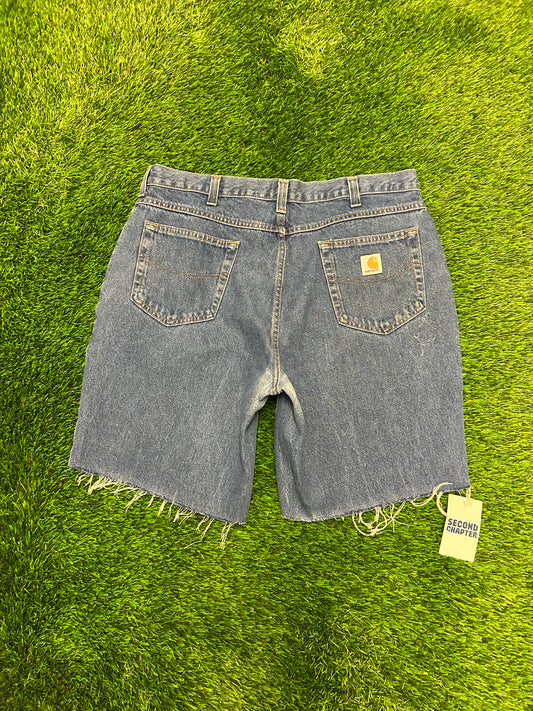 Carhartt Dark Wash Frayed Cut Off Jean Shorts (36)