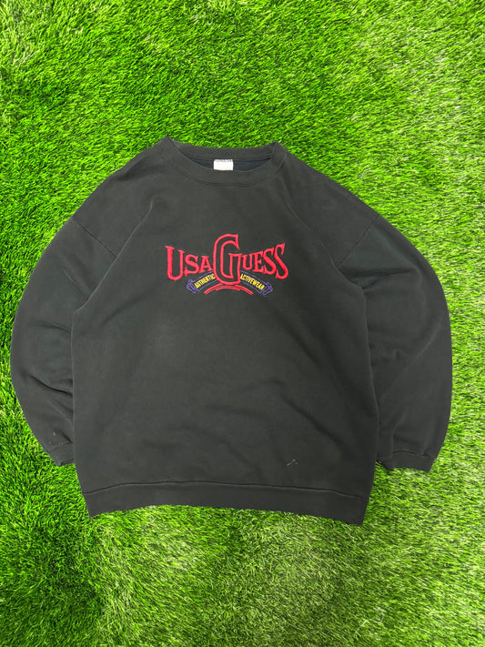 90s USA Guess Jeans Black Embroidered Crewneck (L)
