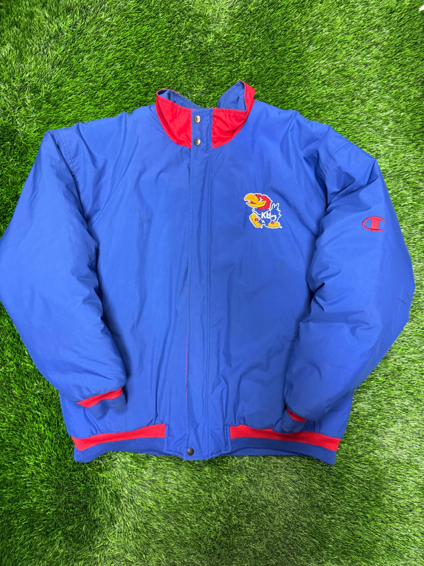 90s Kansas University (KU) Vintage Jayhawks Champion Puffer Jacket (XL)