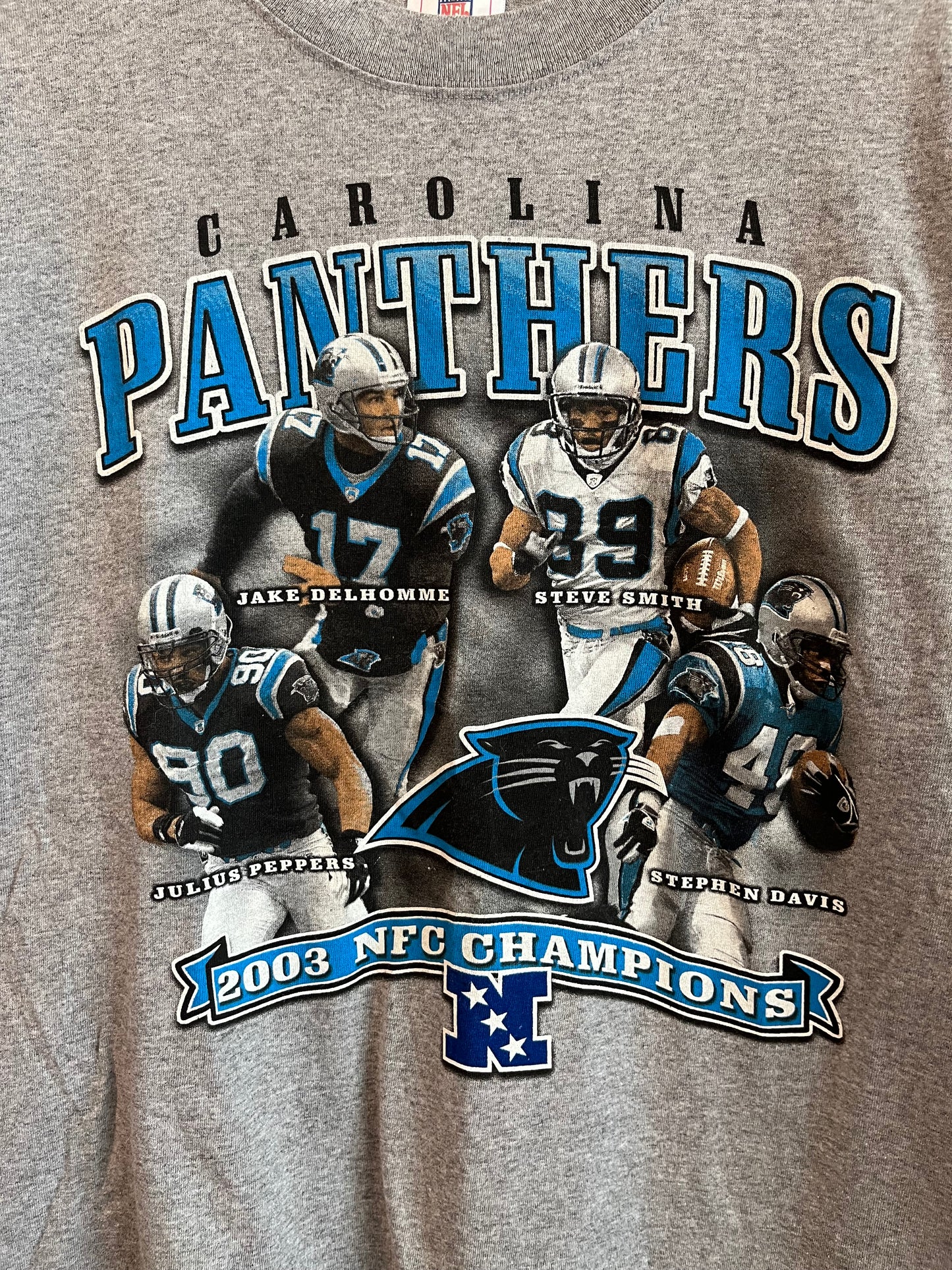 2003 Carolina Panthers Delhomme, Smith, Peppers, Davis Graphic NFC Champions Grey Tee (L)