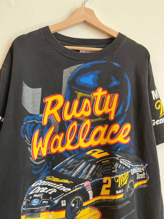 90s Nascar Rusty Wallace Miller Black AOP Tee (XL)