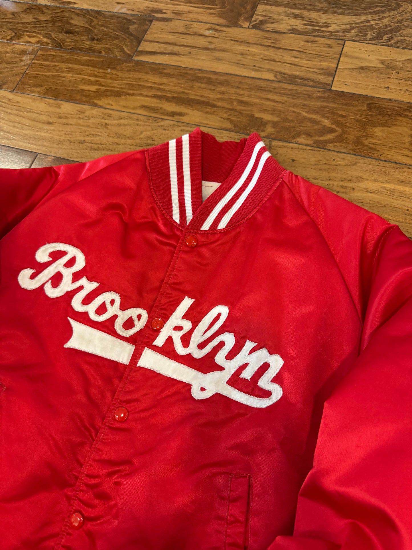 90s Brooklyn Script Red Vintage Satin Jacket (S)