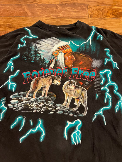 90s American Thunder "Forever Free" Vintage Teal Lightning Tee (L)