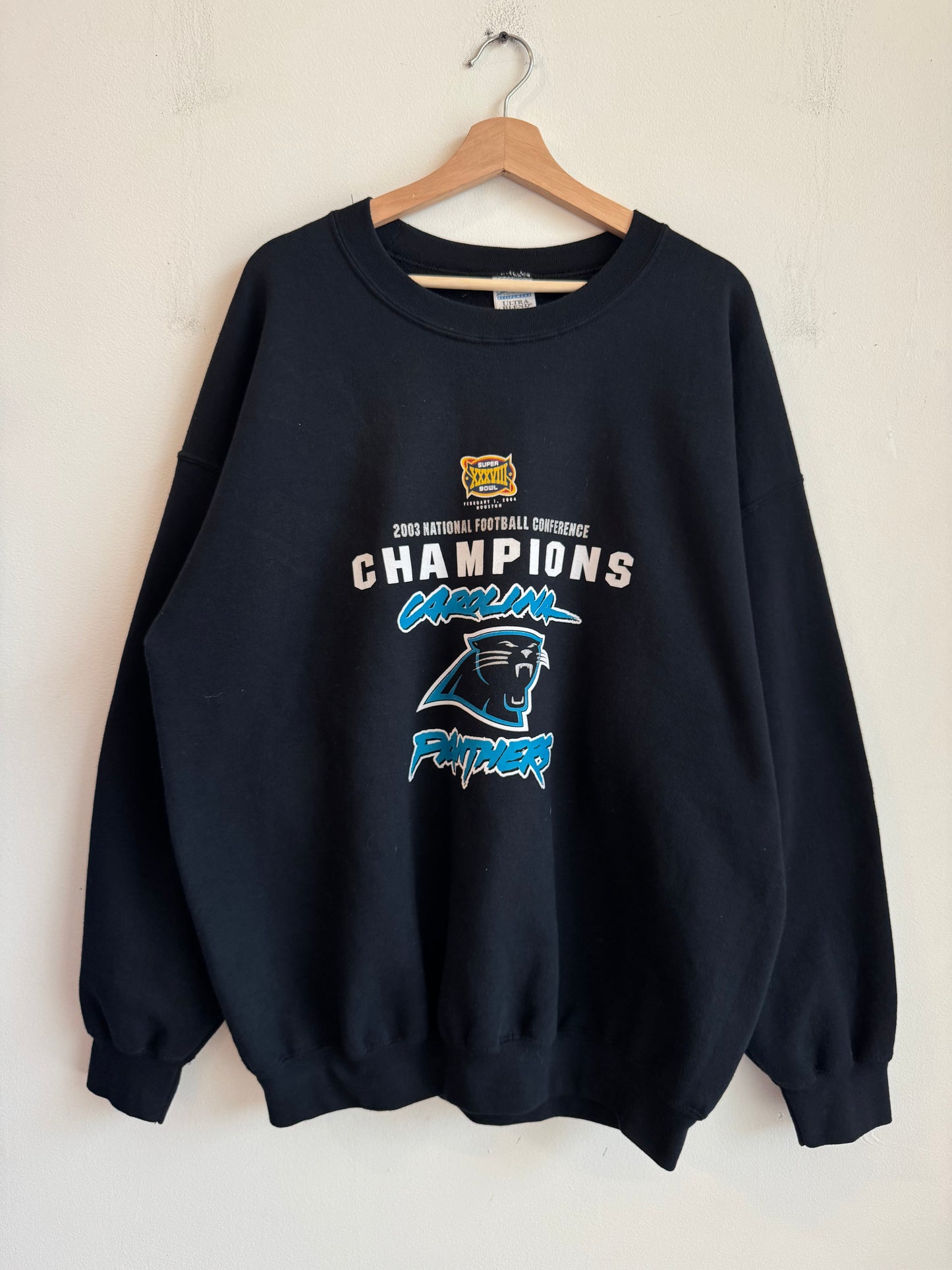 2003 Carolina Panthers Cat Scratch Spell Out Super Bowl Crewneck (XL)