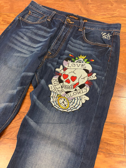 00s Ed Hardy by Christian Audigier Rhinestone Skull Boot Cut Jeans (38 x 34)