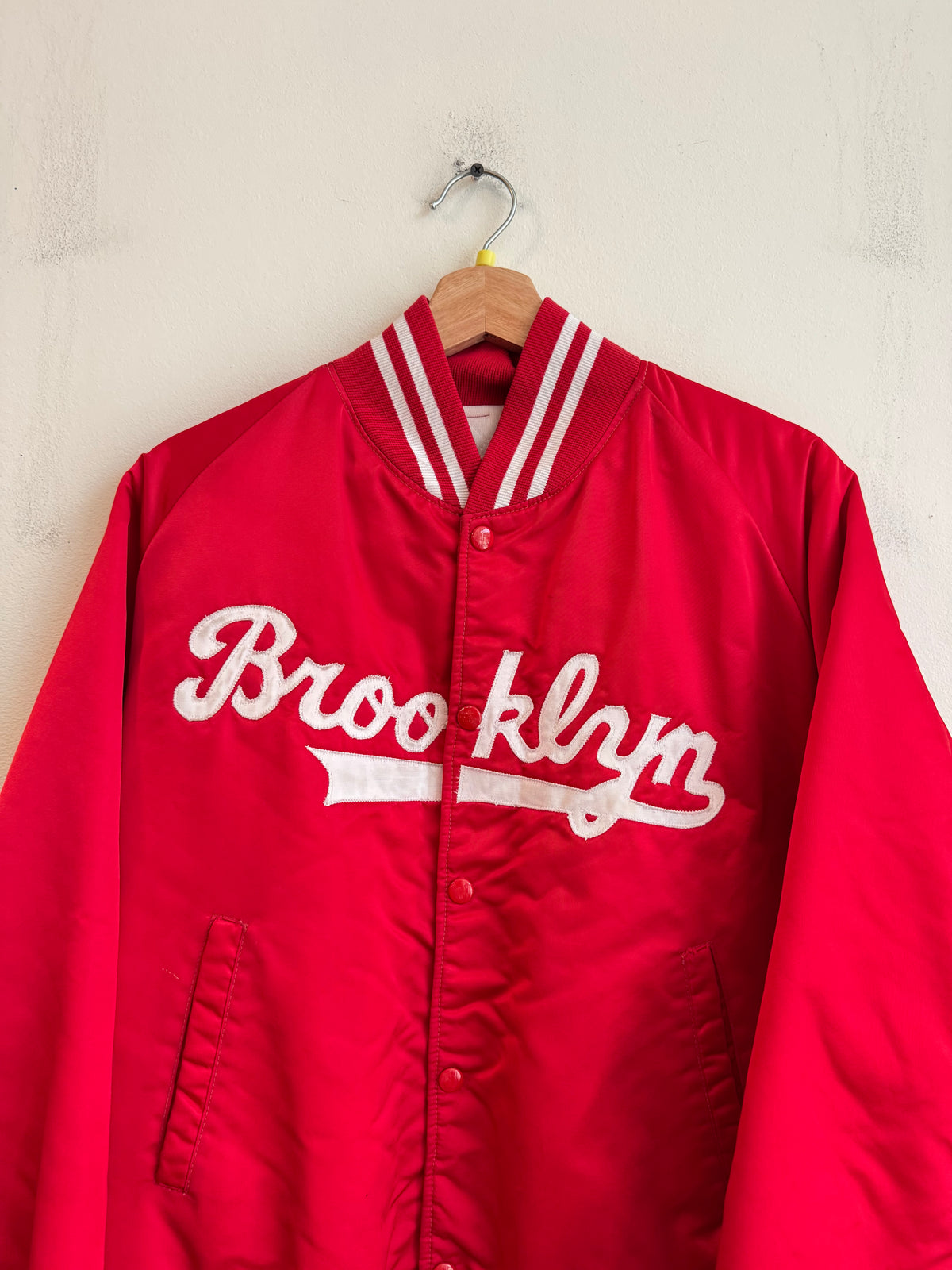 90s Brooklyn Script Red Vintage Satin Jacket (S)