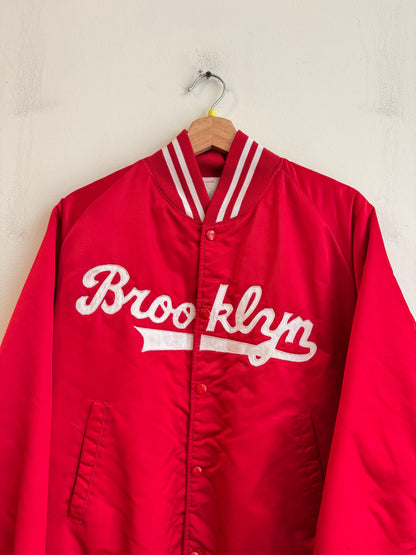 90s Brooklyn Script Red Vintage Satin Jacket (S)