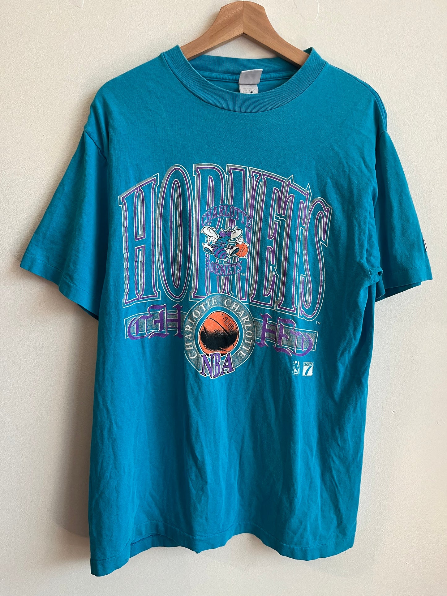 1990s Charlotte Hornets Logo 7 Spell Out Teal Tee (L)