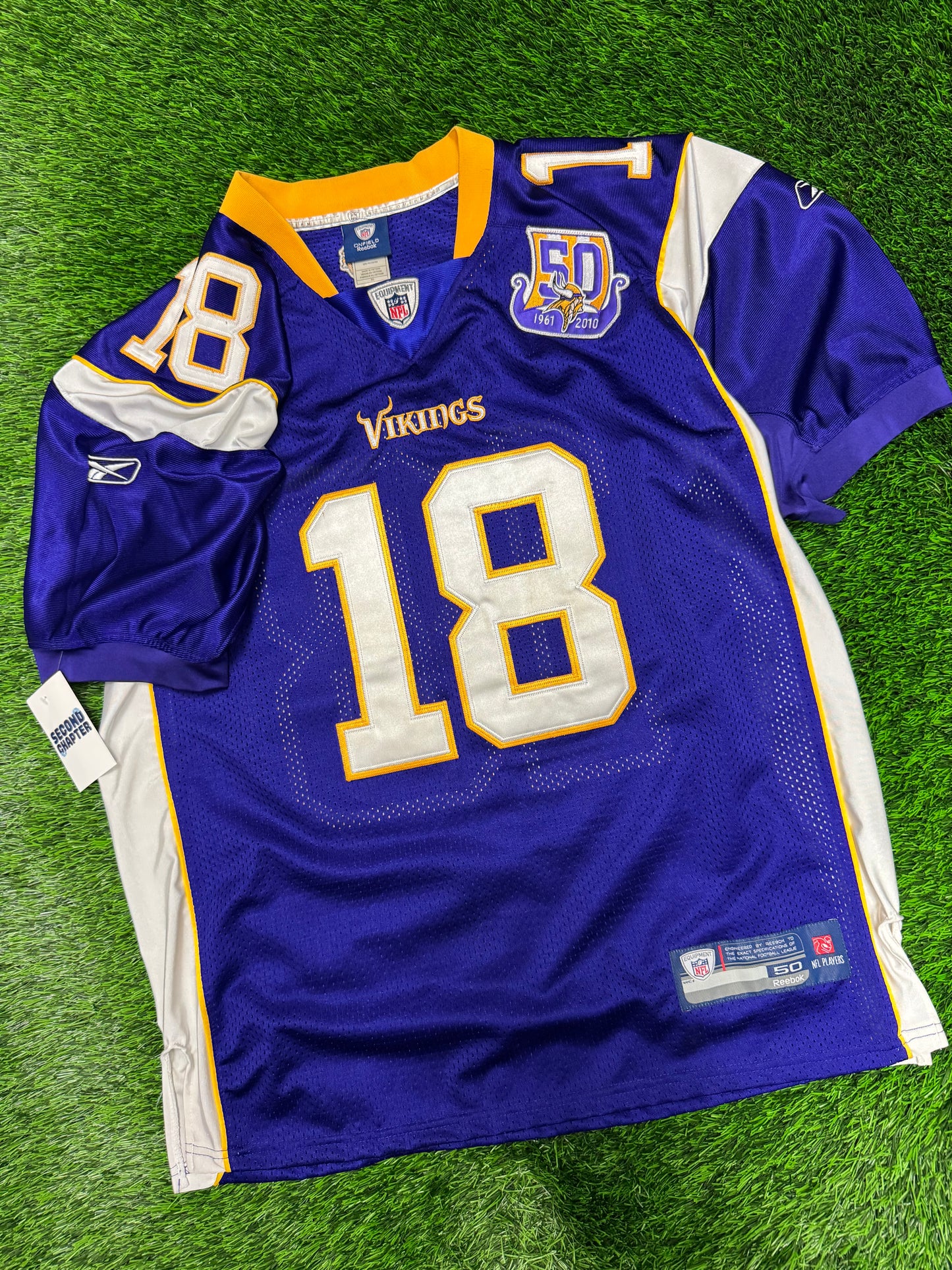 2010 Vikings Sidney Rice 50 Year Patch Stitched #18 Reebok Jersey (L)