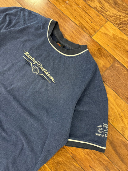 00s Harley Blue Embroidered Ringer Tee (XXL)