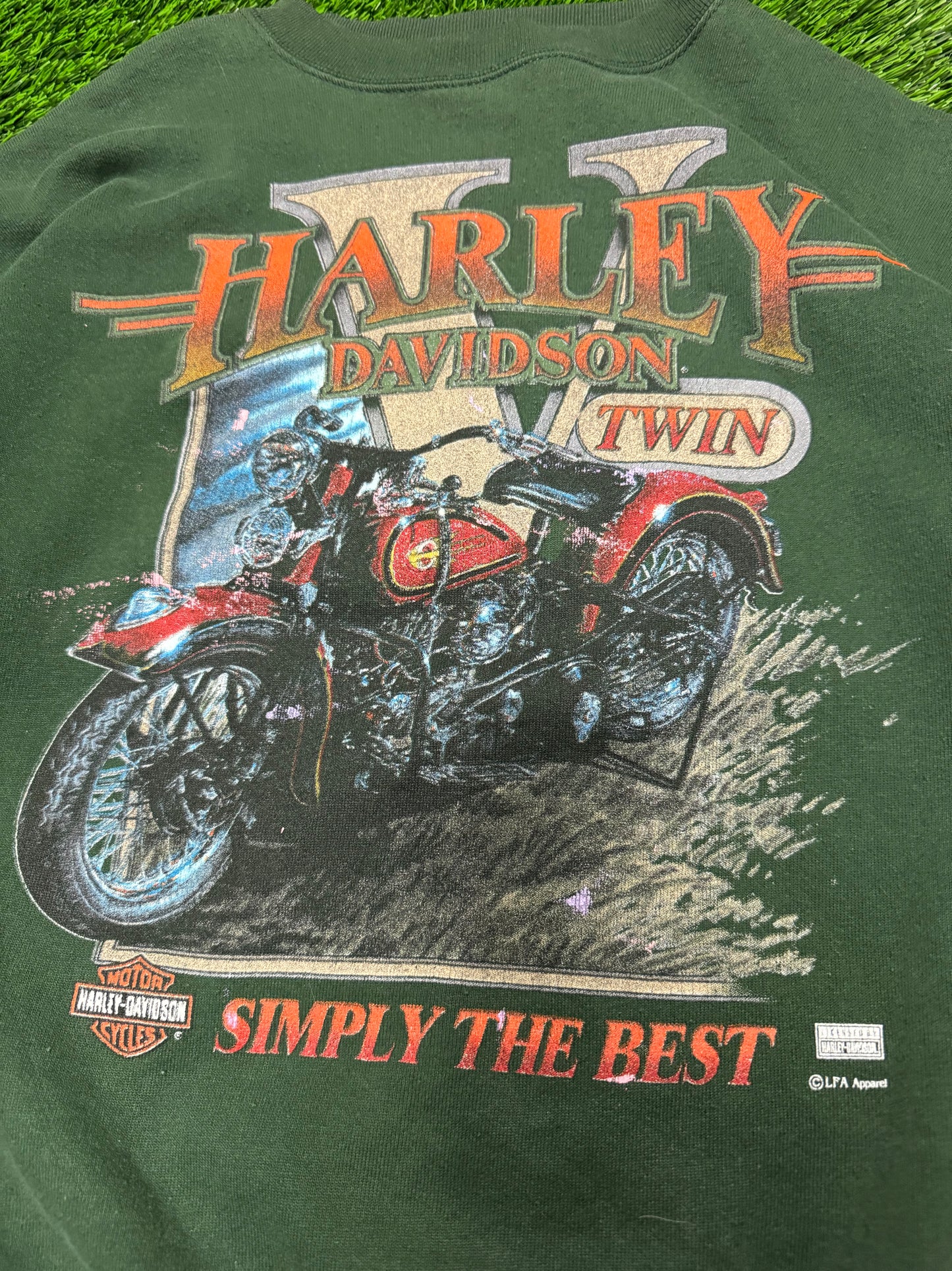 90s Harley Davidson Twin Faded Green Paint Splatter Crewneck (L)