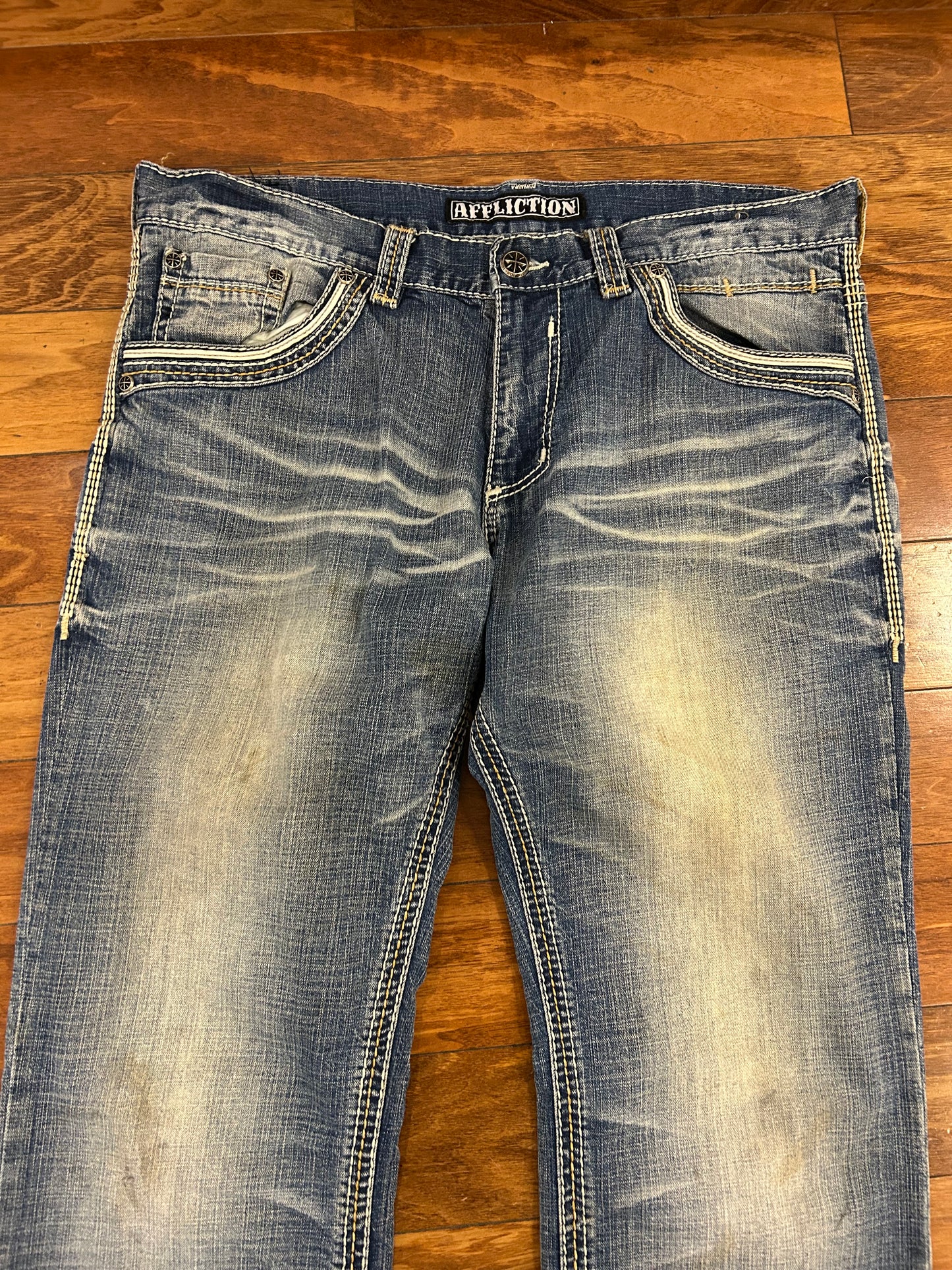 00s Affliction Faded Mid Wash Blake Boot Cut Jeans (38 x 34)