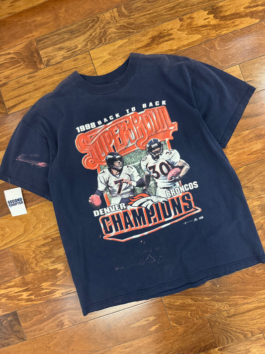 1998 Denver Broncos Elway Super Bowl Faded Navy Tee (XL)