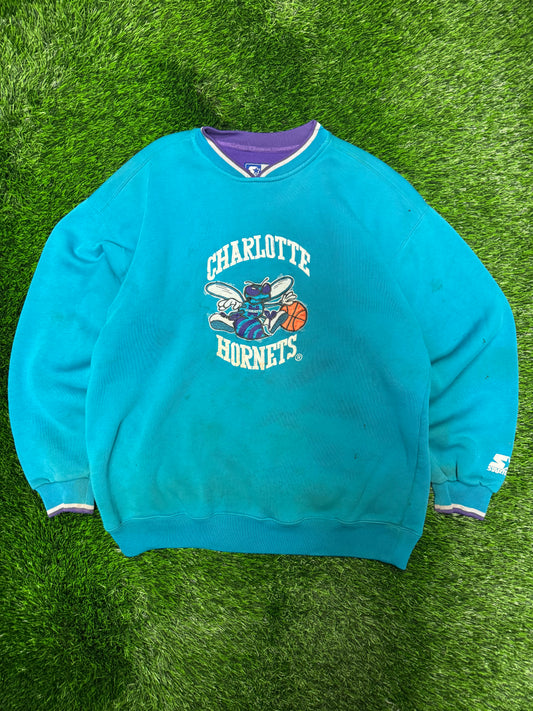 90s Charlotte Hornets Embroidered Thrashed Starter Crewneck (L)