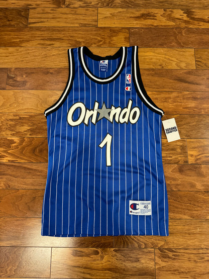 90s Orlando Magic Penny Hardaway #1 Champion Vintage Blue Pinstripe NBA Jersey (S)