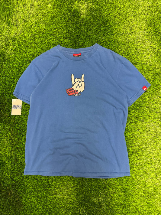 90s Quiksilver Hand Spell Out "Less Talk, More Rock" Vintage Surf Tee (XL)