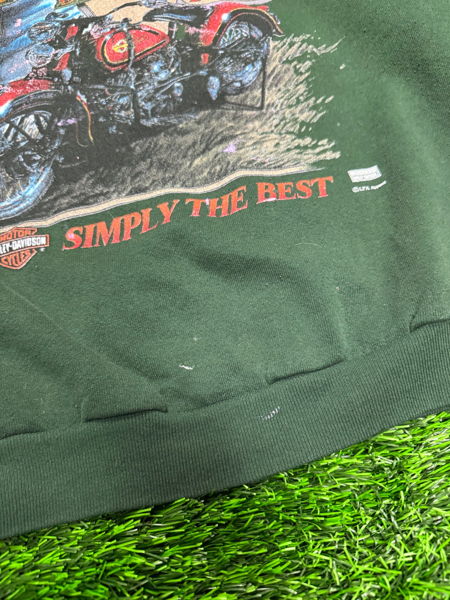 90s Harley Davidson Twin Faded Green Paint Splatter Crewneck (L)