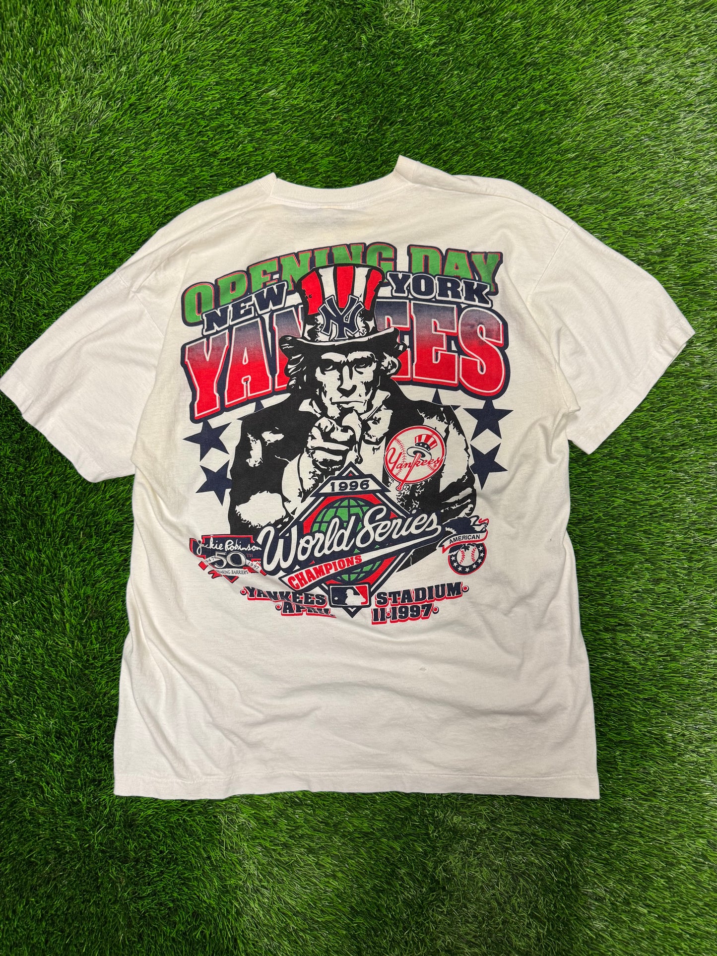 1997 New York Yankees Opening Day Uncle Sam Vintage Jackie Robinson 50th MLB Tee (XL)