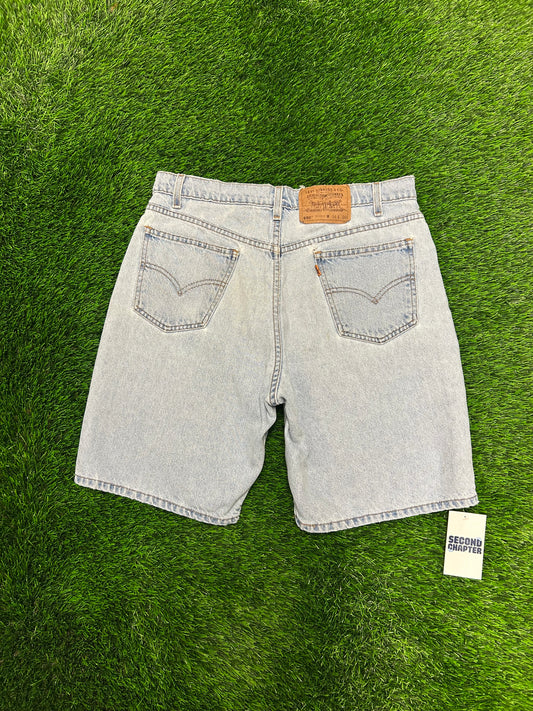 1996 Vintage Levi's 550 Light Blue Distressed Jean Shorts (34)