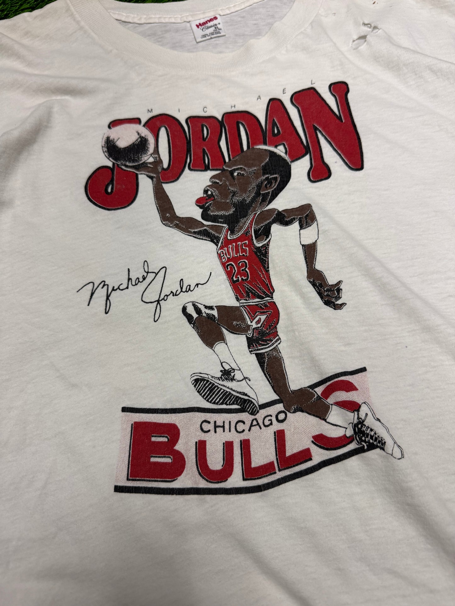 90s Michael Jordan Chicago Bulls Dunk Caricature Thrashed Vintage Tee (XL)