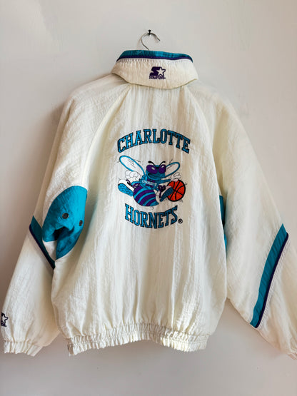 90s Charlotte Hornets Logo NBA White Puffer Starter Jacket (S)