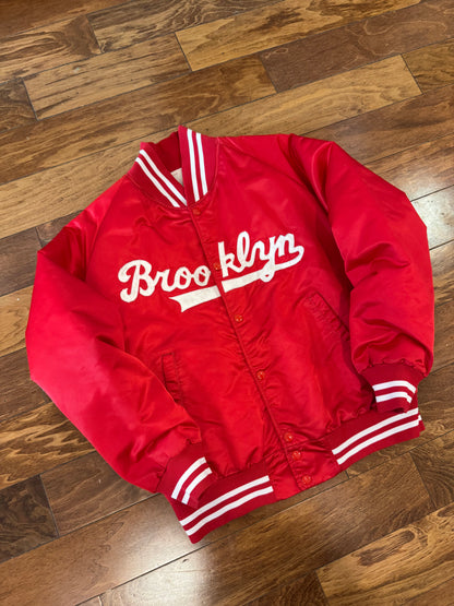 90s Brooklyn Script Red Vintage Satin Jacket (S)