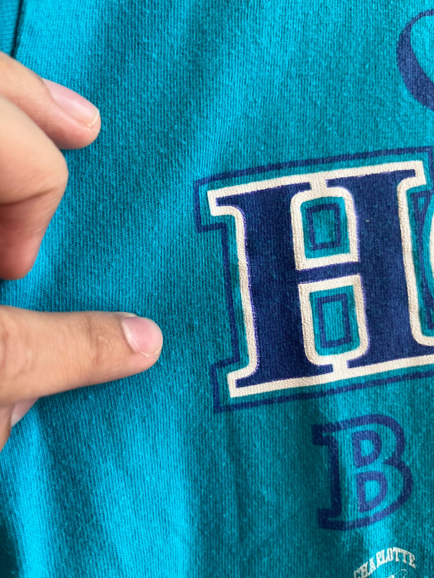 1990s Charlotte Hornets Teal Spell Out Hanes Tee (L)