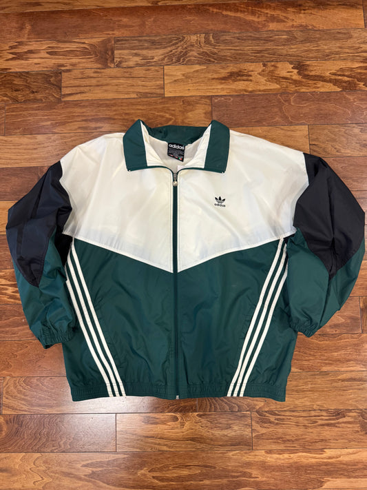 90s Adidas Green/Black Striped Windbreaker (XXL)