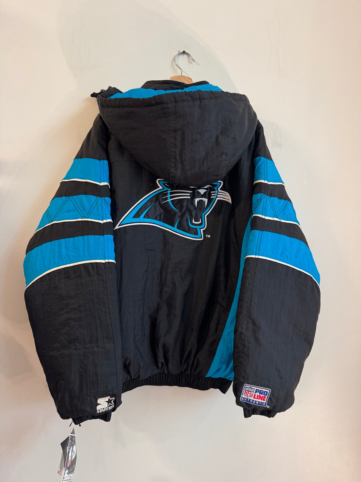 90s Carolina Panthers Starter Deadstock Hooded Puffer Jacket (XL)