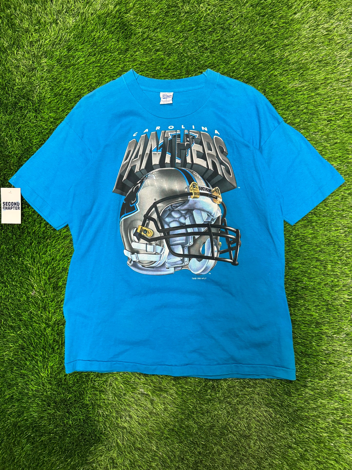 1995 Carolina Panthers Salem Sportswear Big Helmet Graphic Blue Vintage Tee (L)