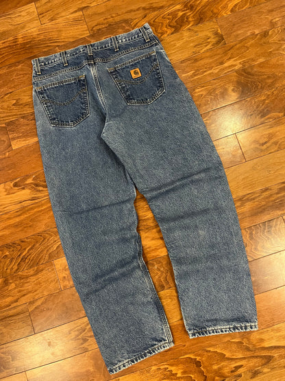 2001 Carhartt Flannel Lined Dark Wash Jeans (36 x 32)