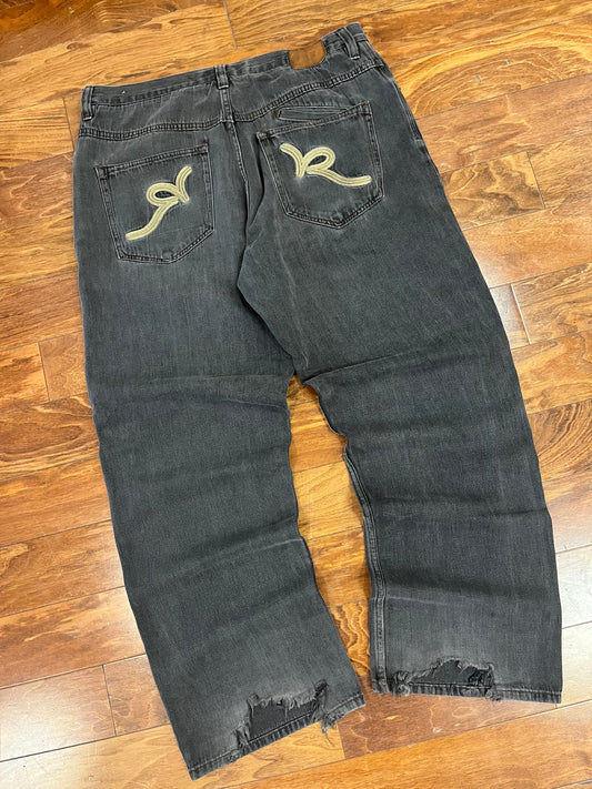 00s Rocawear Baggy Embroidered Black Jeans (40 x 33)