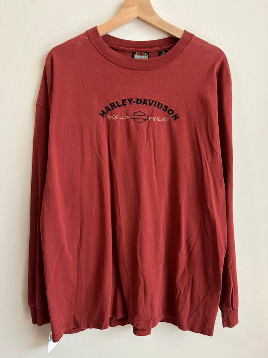 00s Harley Davidson Embroidered Burgundy Long Sleeve Shirt (XL)