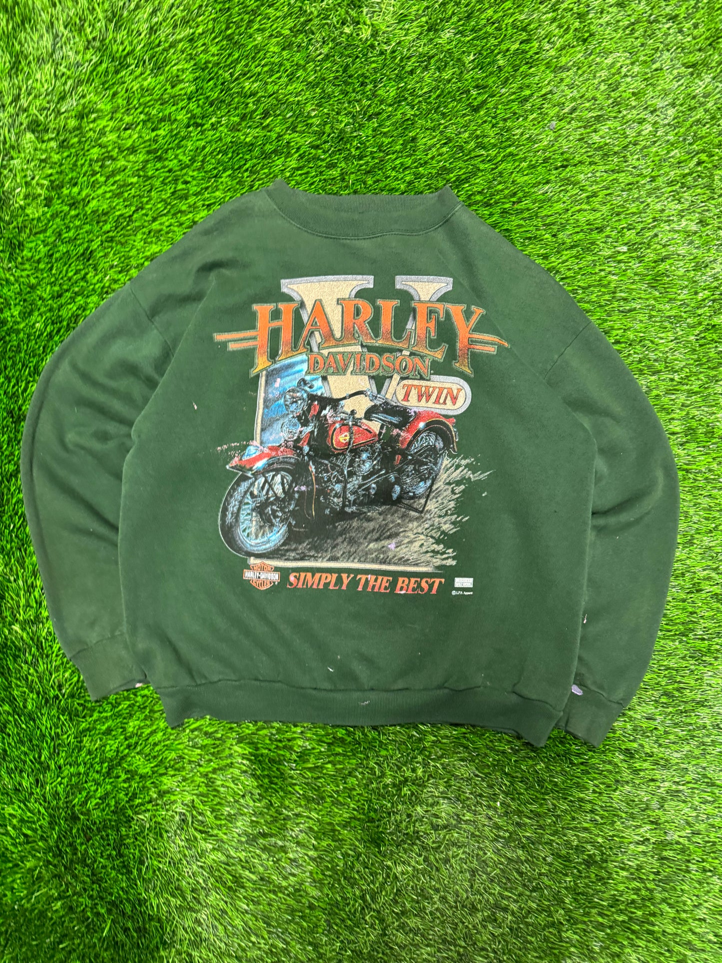 90s Harley Davidson Twin Faded Green Paint Splatter Crewneck (L)