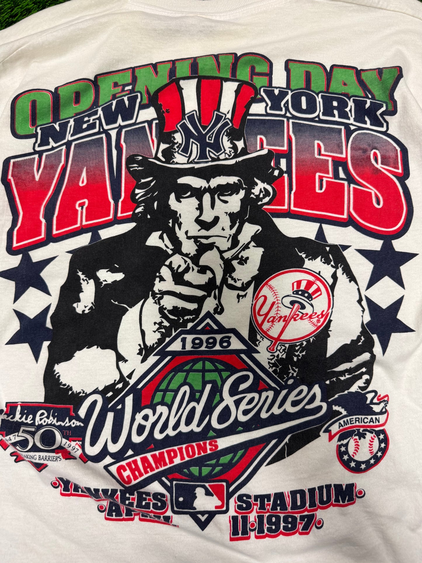 1997 New York Yankees Opening Day Uncle Sam Vintage Jackie Robinson 50th MLB Tee (XL)