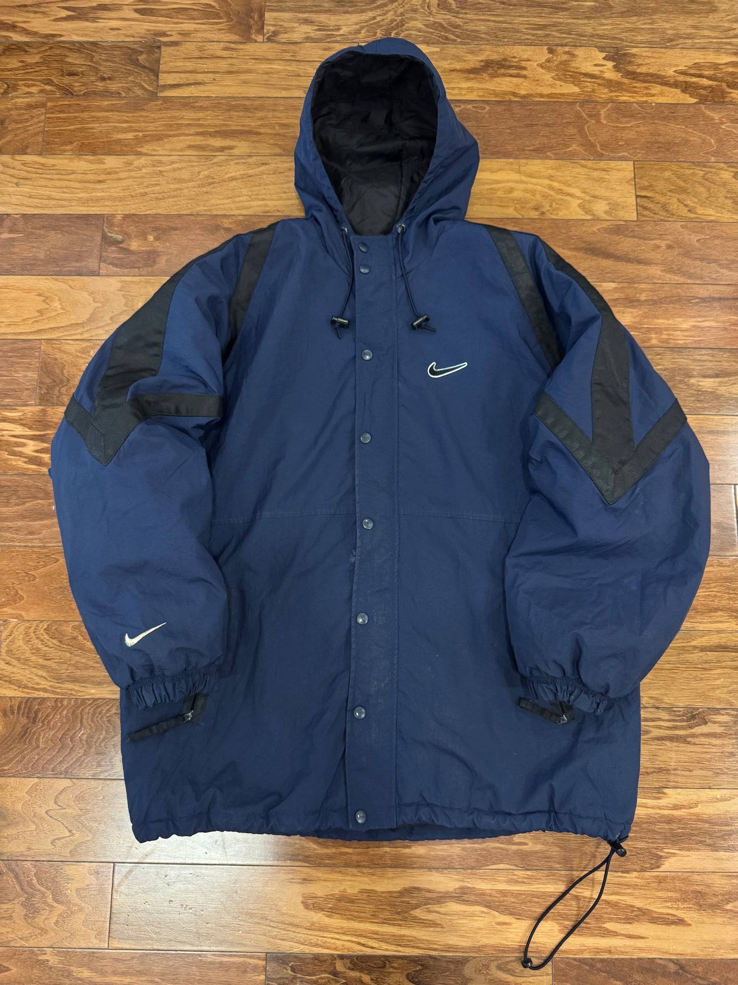 90s Nike Navy Big Swoosh Parka Puffer Jacket (L)