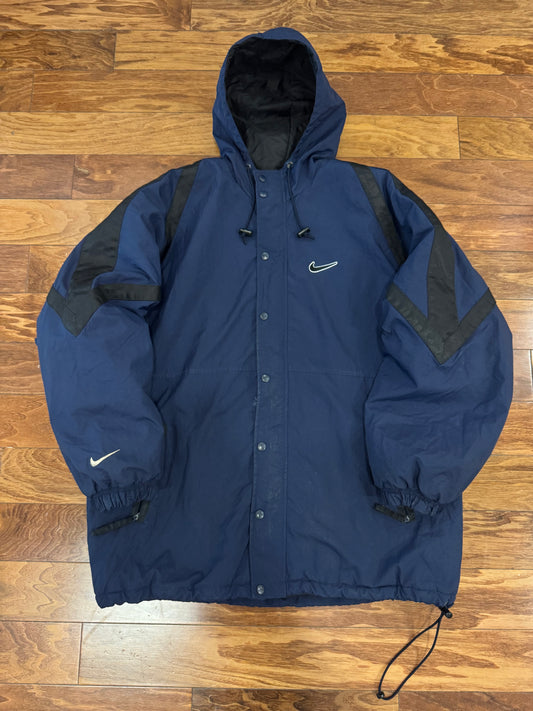 90s Nike Navy Big Swoosh Parka Puffer Jacket (L)