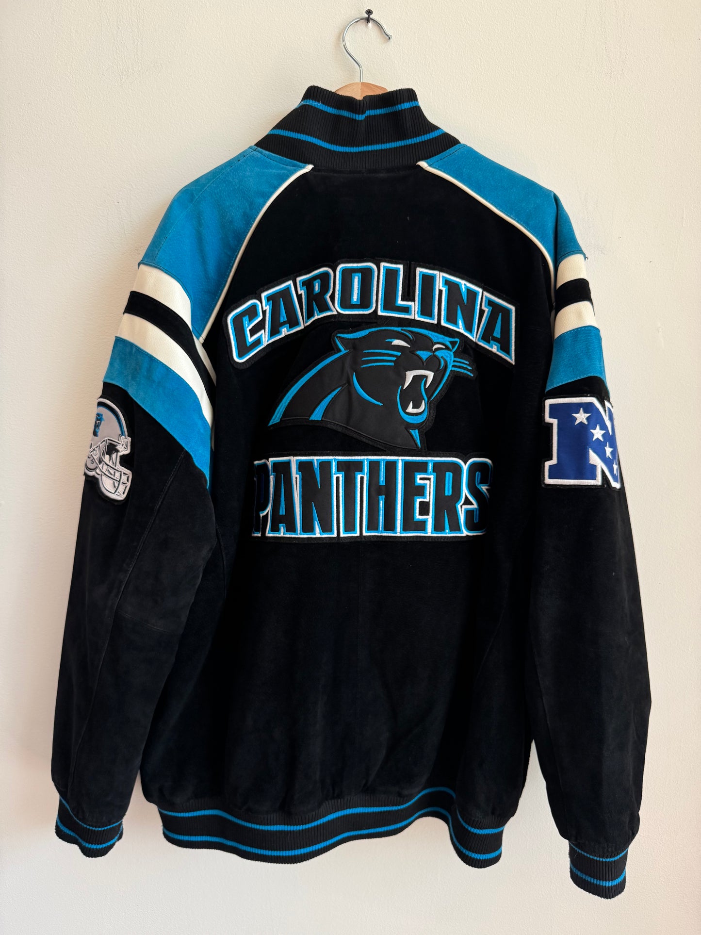 00s Carolina Panthers Suede Embroidered Patched NFL Jacket (XXL)