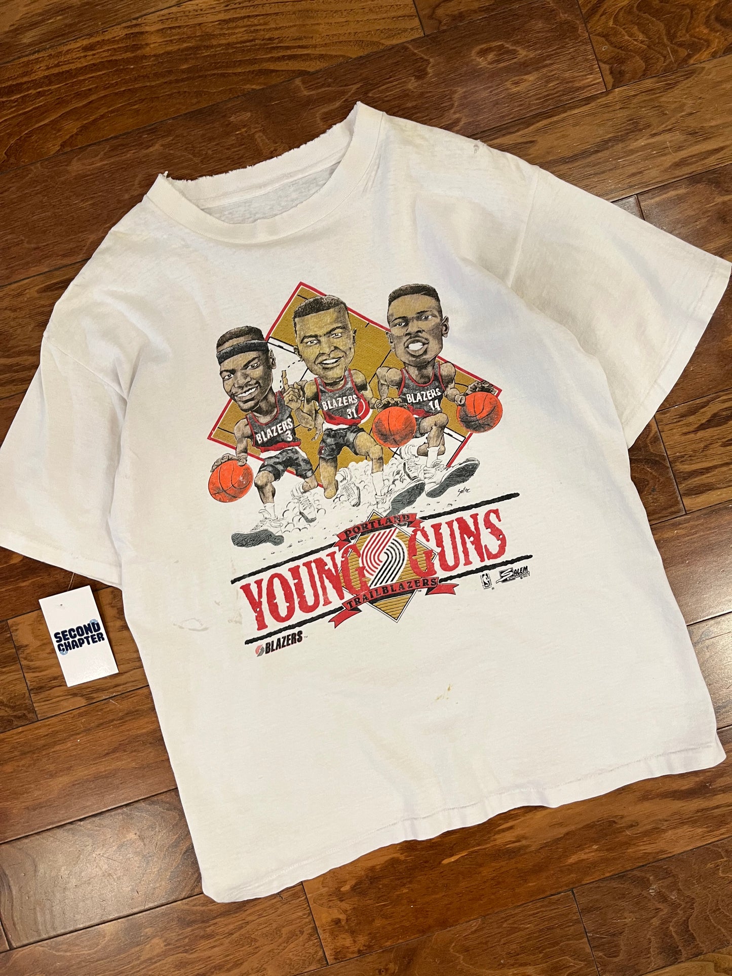 90s Vintage Portland Trail Blazers Caricature Young Guns Thrashed Tee (L)