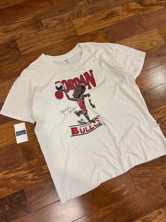 90s Michael Jordan Chicago Bulls Dunk Caricature Thrashed Vintage Cropped Tee (XL)