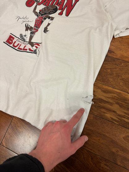 90s Michael Jordan Chicago Bulls Dunk Caricature Thrashed Vintage Cropped Tee (XL)