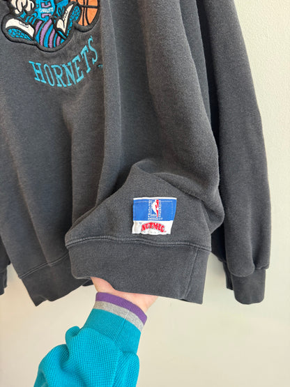 90s Charlotte Hornets Embroidered Nutmeg Faded Black Crewneck (XL)