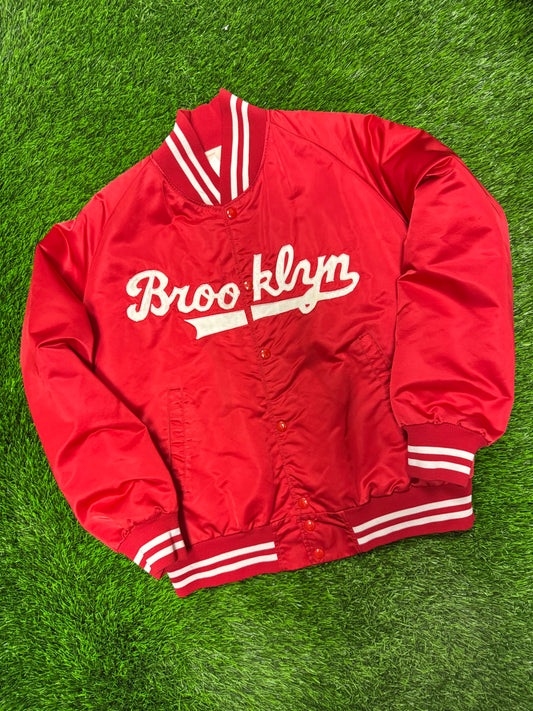 90s Brooklyn Script Red Vintage Satin Jacket (S)