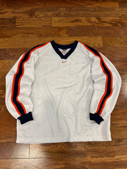 90s Nike Vintage Center Swoosh White Striped Long Sleeve Pullover Jersey (XXL)