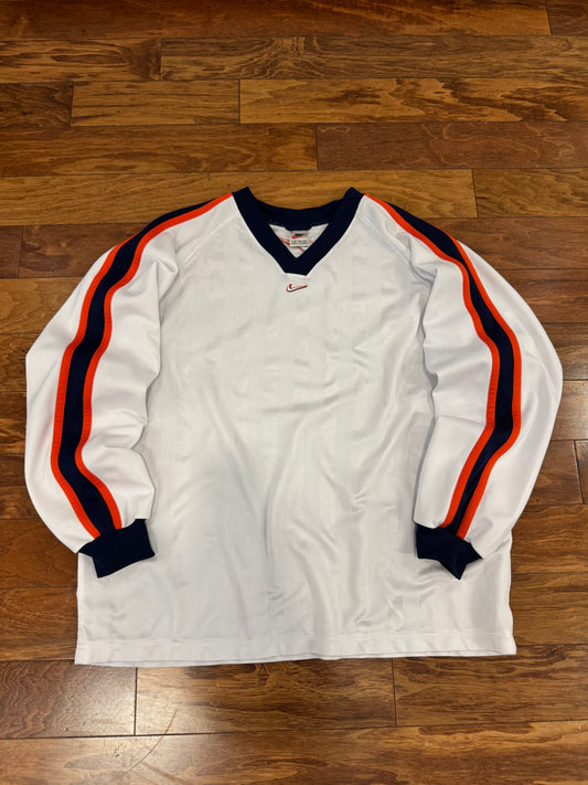 90s Nike Vintage Center Swoosh White Striped Long Sleeve Pullover Jersey (XXL)