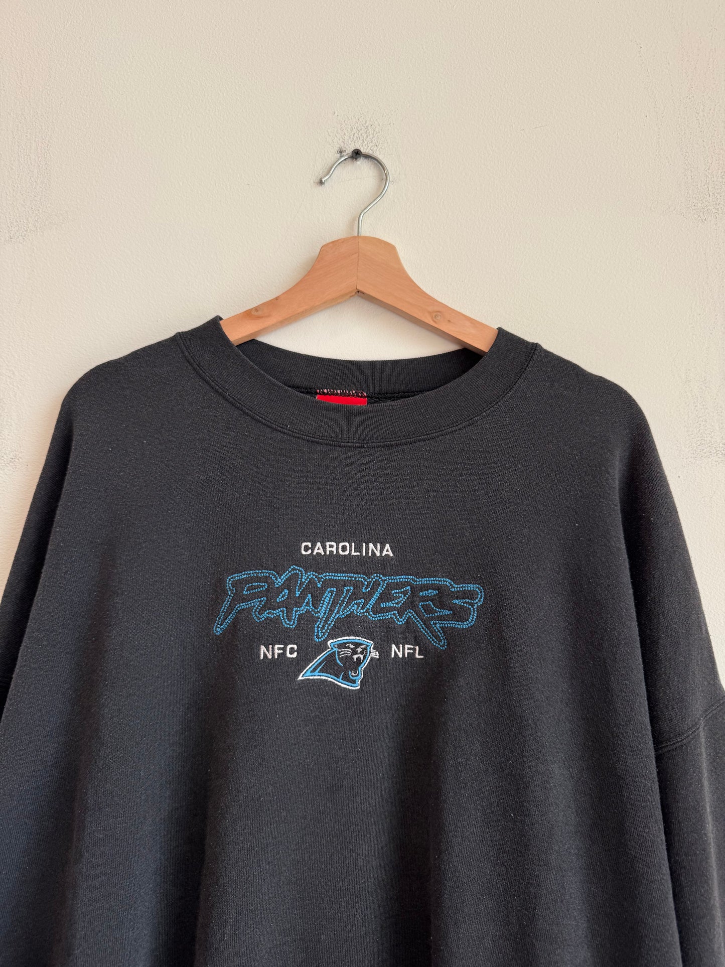 00s Carolina Panthers Cat Scratch Spell Out Faded NFL Crewneck (XXL)