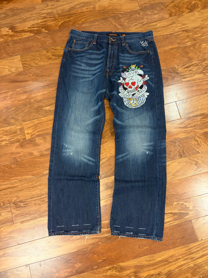 00s Ed Hardy by Christian Audigier Rhinestone Skull Boot Cut Jeans (38 x 34)