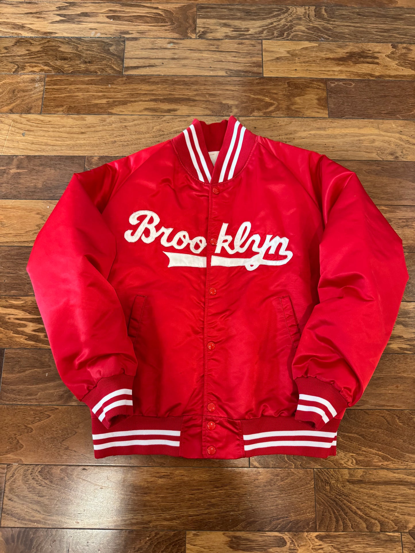 90s Brooklyn Script Red Vintage Satin Jacket (S)