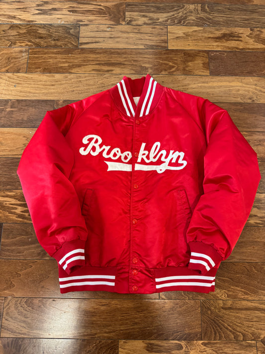 90s Brooklyn Script Red Vintage Satin Jacket (S)
