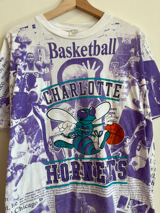 90s Charlotte Hornets Rare Single Stitch AOP Newspaper Tee (XL)